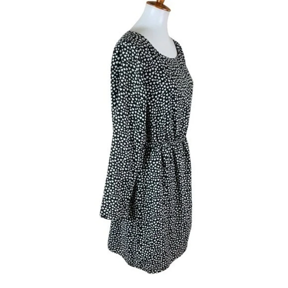 J Crew‎ Mercantile Black White Heart Print Long Sleeve Dress 14 Elastic Waist